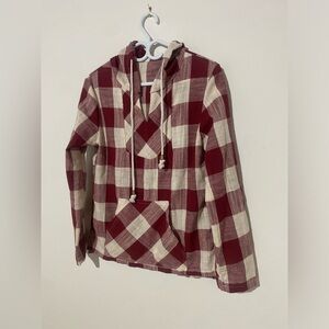 Plaid Hooded Pullover Shirt in Burgundy and Cream